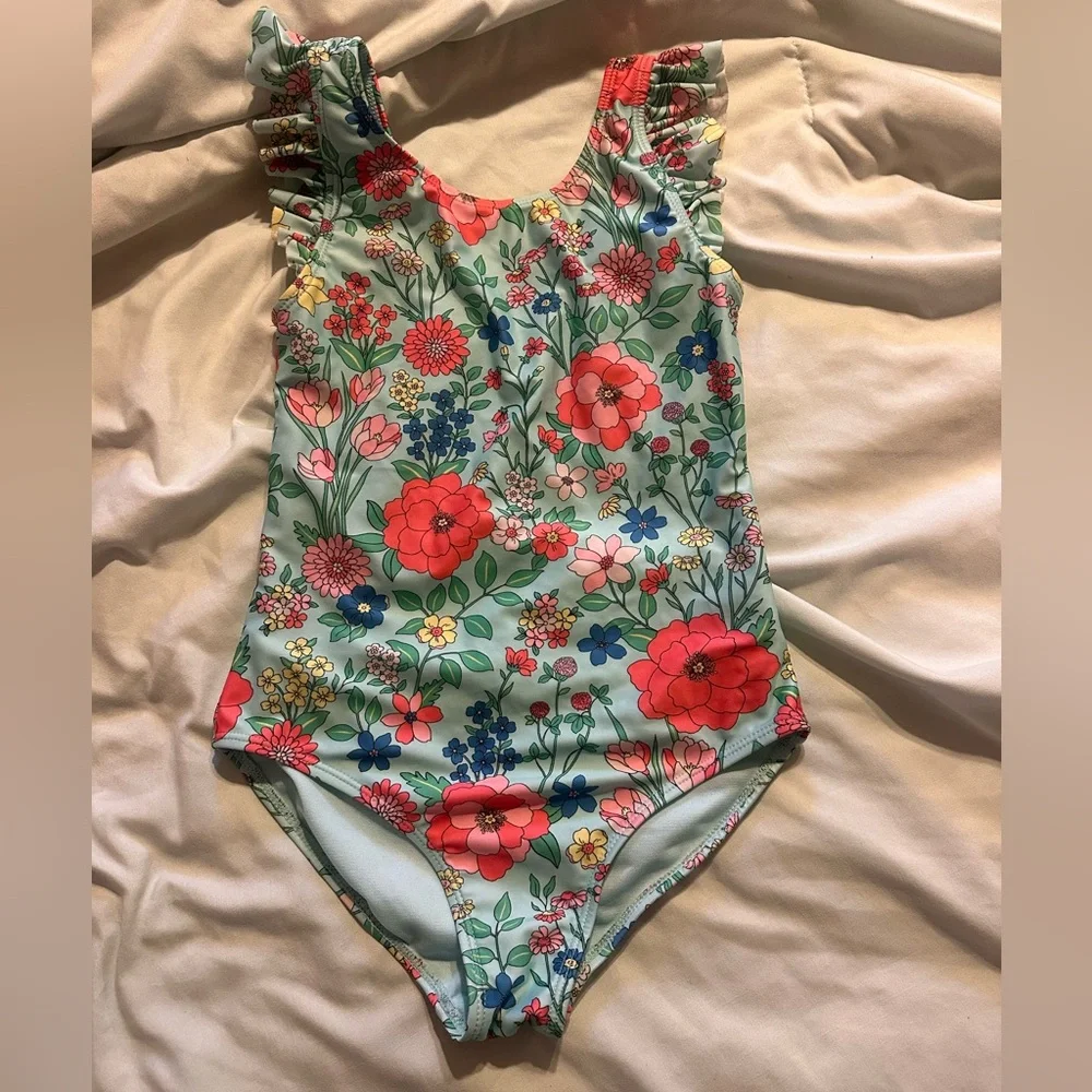 Girls Floral One-Piece Swimsuit in Mint with Red Flowers